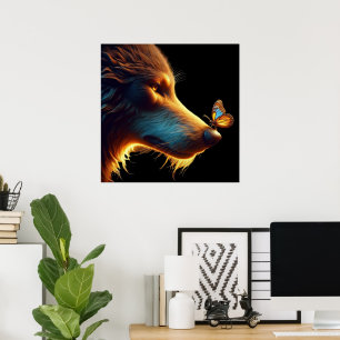 Póster Hermosa imagen de lobo y mariposa con dorado a con