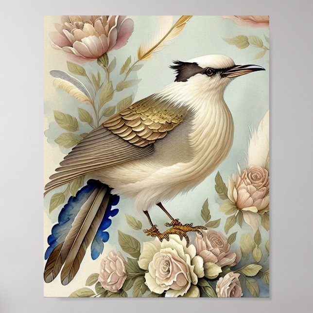 Póster Hermosa imprenta de pájaros Rosas neutrales suaves (Frente)