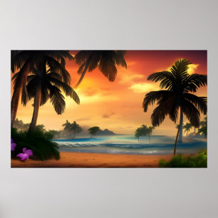 Póster Hermosa isla tropical con vistas al océano palmera