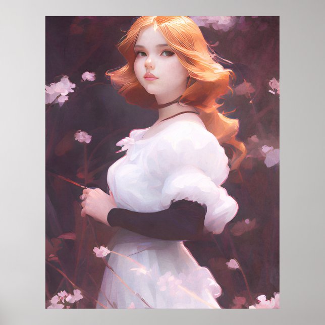 Póster Hermosa joven Chica entre retrato de flores rosas (Frente)