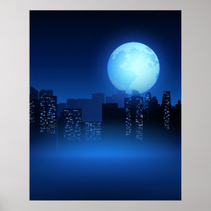 Póster Hermosa luna llena de noche en el paisaje urbano