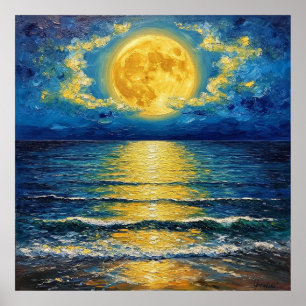 Póster Hermosa Luna Llena Reflejándose en las Olas del Oc