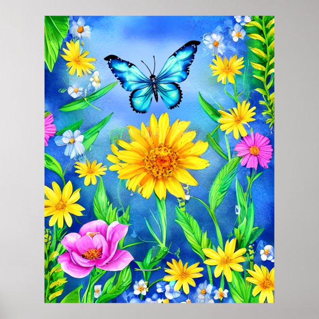 Póster Hermosa mariposa azul en un prado de flores (Frente)