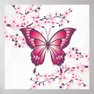 Póster Hermosa Mariposa Rosa Y Flor De Cerezo