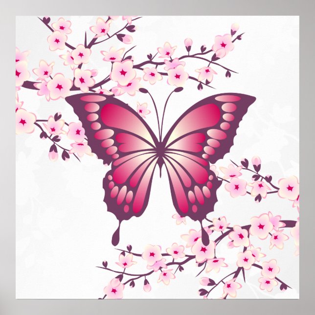 Póster Hermosa Mariposa Rosa Y Flor De Cerezo (Frente)