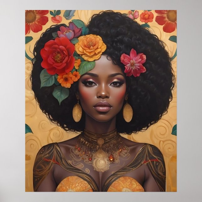Póster Hermosa mujer afroamericana con flores (Frente)