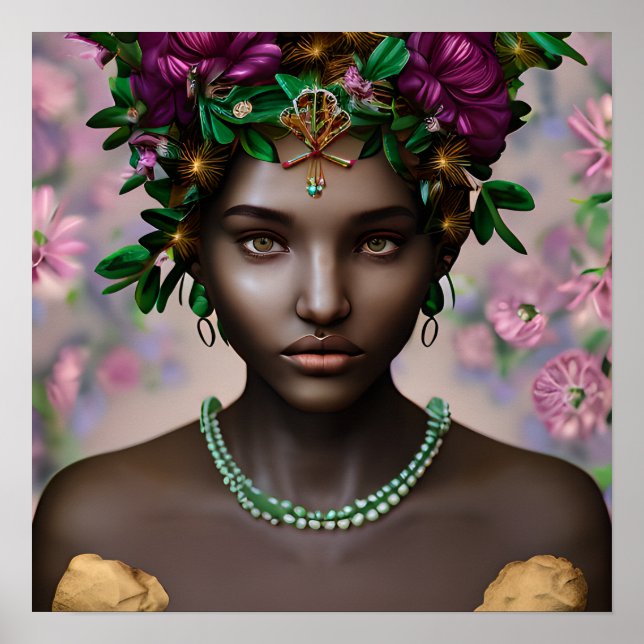 Póster Hermosa mujer afroamericana con flores (Frente)