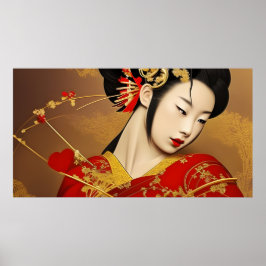 Póster Hermosa mujer asiática geisha oro rojo