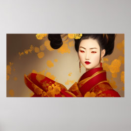 Póster Hermosa mujer asiática geisha rojo dorado 2