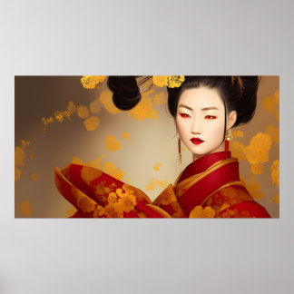 Póster Hermosa mujer asiática geisha rojo dorado 2