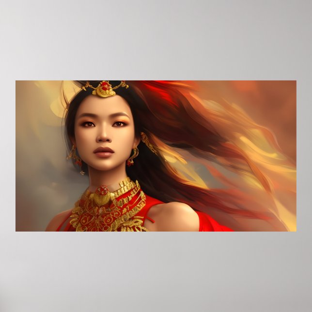 Póster Hermosa mujer asiática indonesia de oro rojo (Frente)