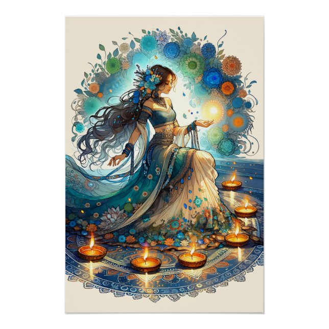 Póster Hermosa mujer de Diwali y Rangoli (Anverso)