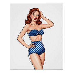 Póster Hermosa mujer de pelo rojo con traje de baño azul