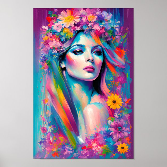 Póster Hermosa mujer floral de color arcoiris (Frente)