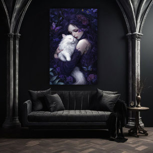 Póster Hermosa mujer gótica y su gato blanco