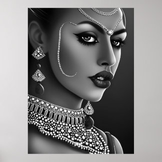 Póster Hermosa mujer india asiática perla blanca negra