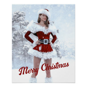 Póster Hermosa mujer Navidad por la nieve de invierno