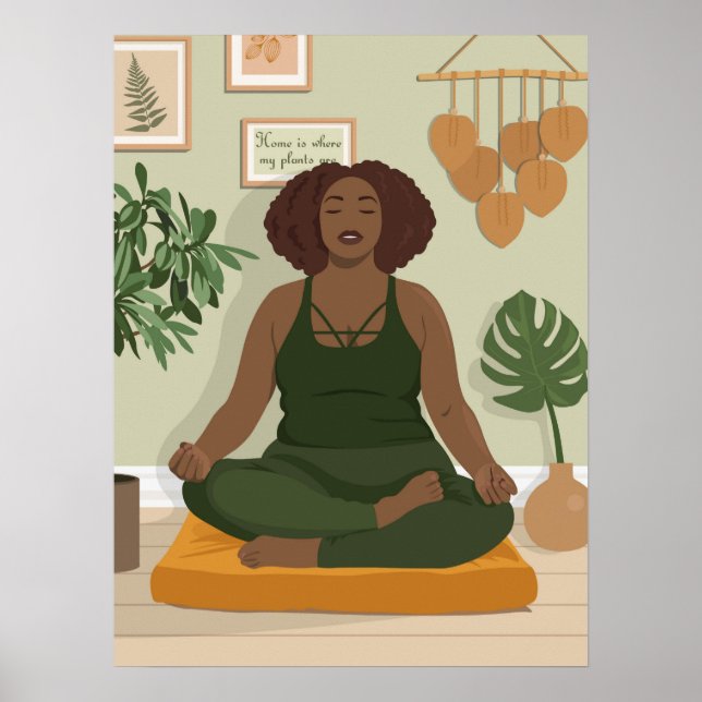 Póster Hermosa mujer negra curvada meditando (Frente)