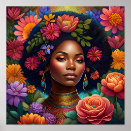 Póster Hermosa mujer negra rodeada de flores