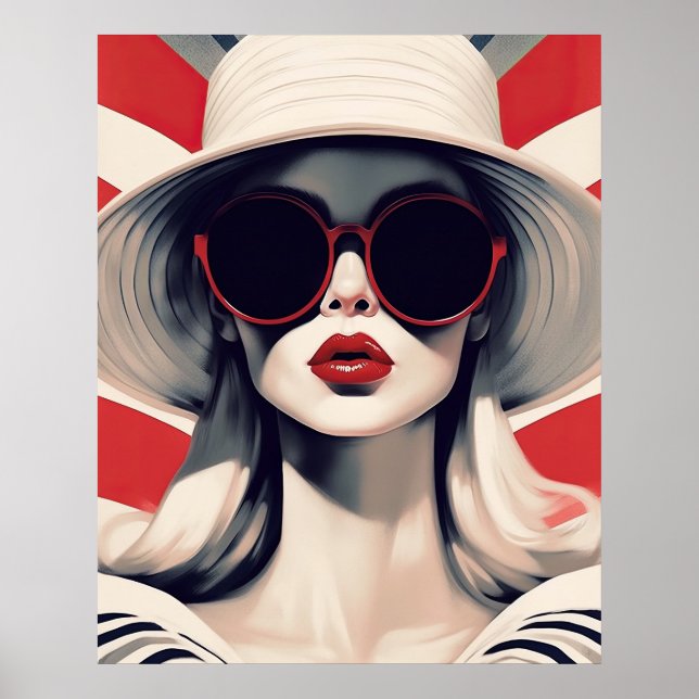 Póster Hermosa mujer parisina en gafas rojas de sol (Frente)