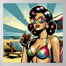 Póster Hermosa Mujer Pinup con una Cola en la playa
