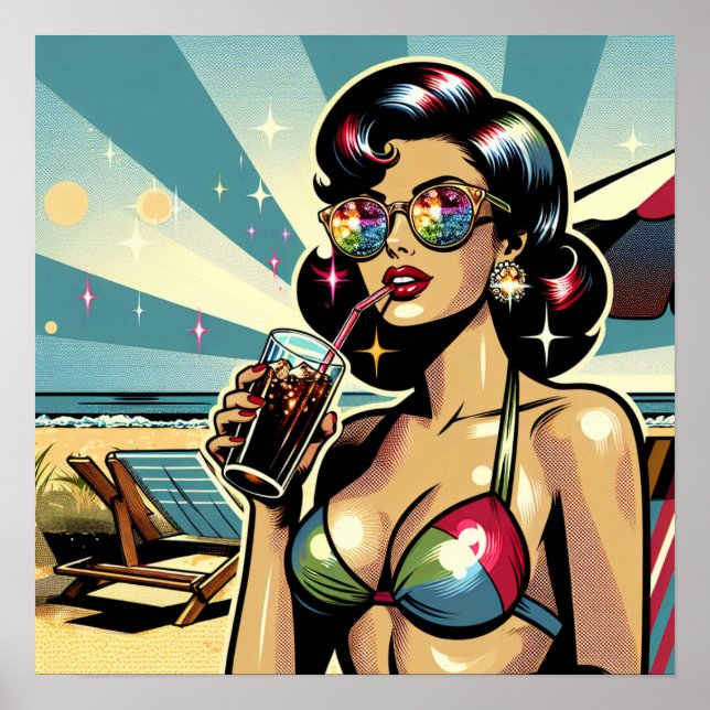 Póster Hermosa Mujer Pinup con una Cola en la playa (Frente)