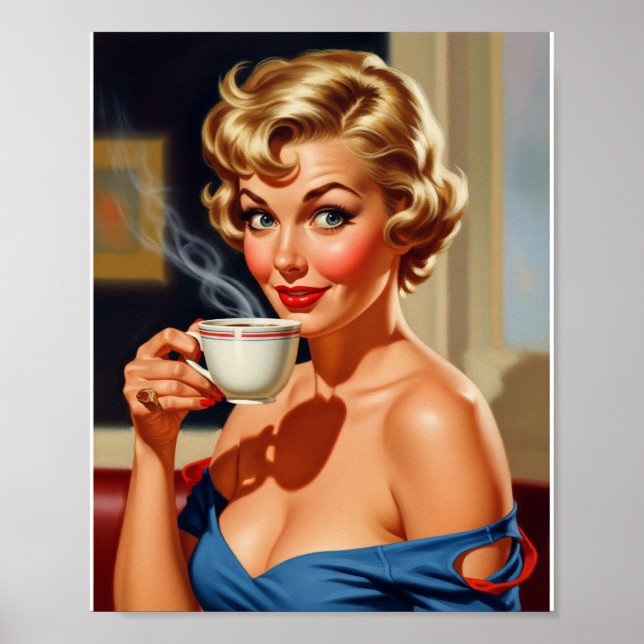 Póster Hermosa mujer retro con una taza de café (Frente)