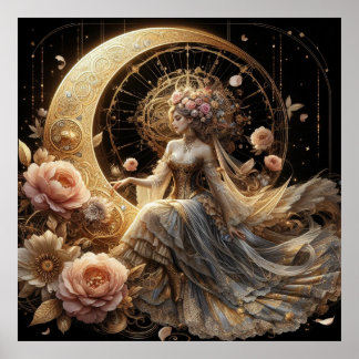Póster Hermosa mujer Steampunk en la luna