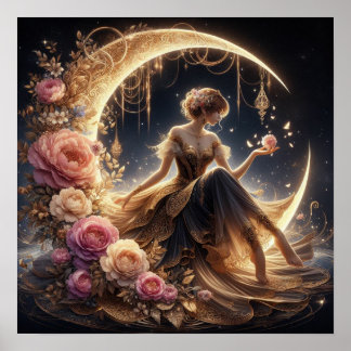 Póster Hermosa mujer Steampunk en la luna