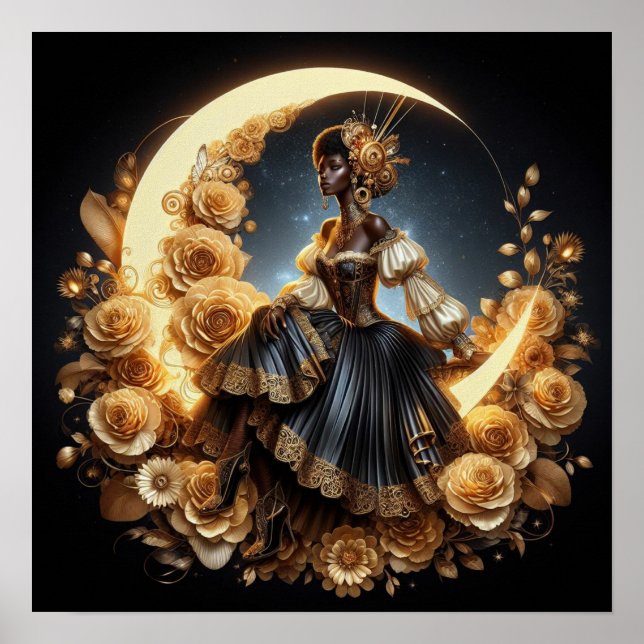 Póster Hermosa mujer Steampunk en la luna (Frente)