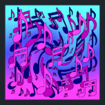 Póster Hermosa música animada notas musicales expresivas<br><div class="desc">Música rítmica animada en formas rosadas, azul oscuro, púrpura, abstraídas y de movimiento expresivo, con fondo de degradado de agua azul púrpura. Este vibrante diseño de arte pop es luminoso y dinámico en la sala de estar, sala de música, habitación familiar, solárium o donde quiera que quieras. Es un gran...</div>