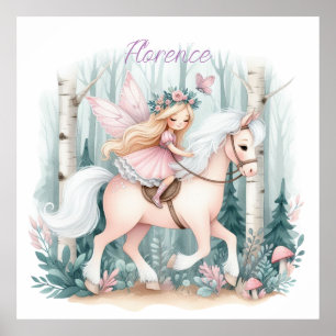 Póster Hermosa niña hada montando en un bosque encantado