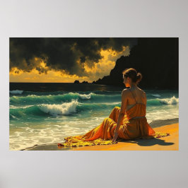 Póster Hermosa noche costera Reflexión junto al mar
