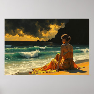 Póster Hermosa noche costera Reflexión junto al mar