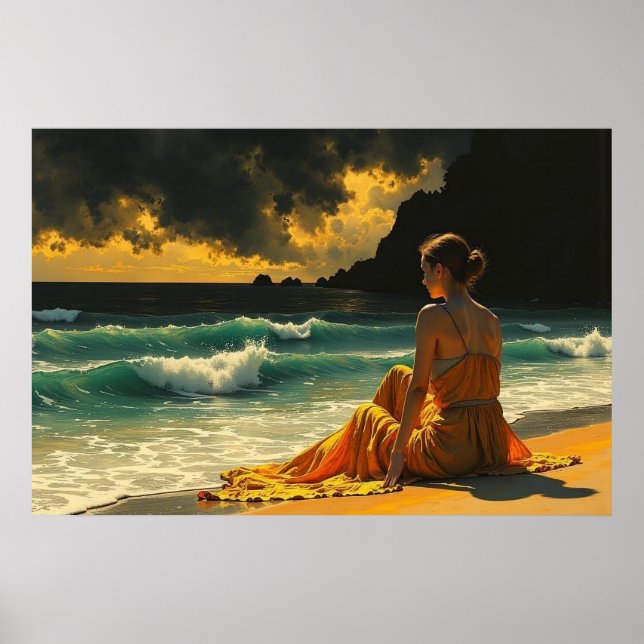 Póster Hermosa noche costera Reflexión junto al mar  (Frente)