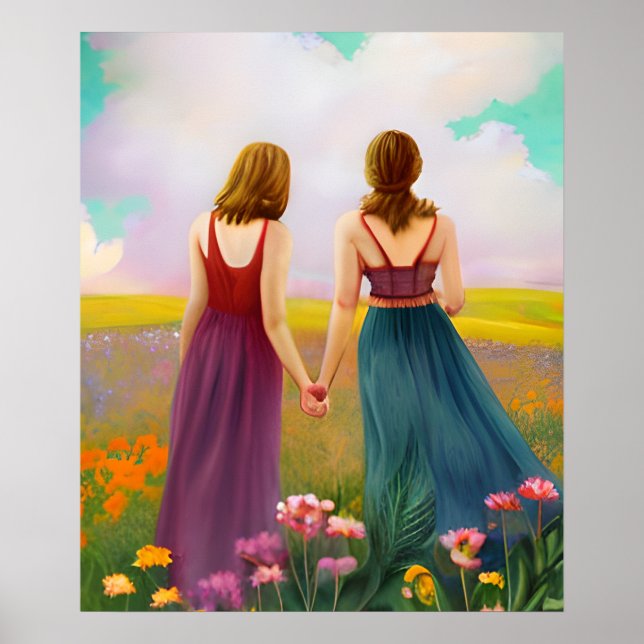 Póster Hermosa pareja de lesbianas en campo de flores (Frente)