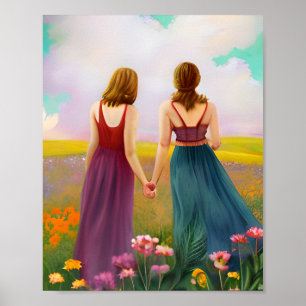 Póster Hermosa pareja de lesbianas en campo de flores