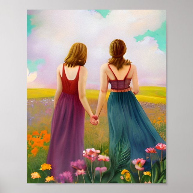 Póster Hermosa pareja de lesbianas en campo de flores (Frente)