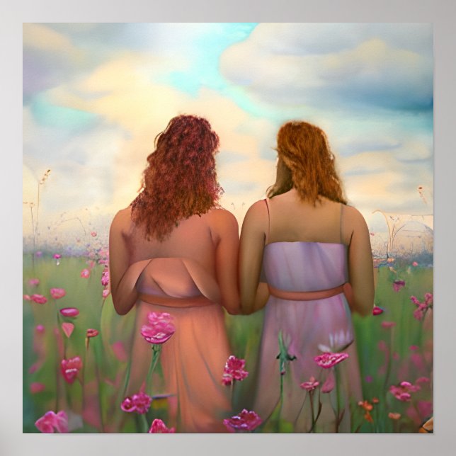 Póster Hermosa pareja de lesbianas en el prado de flores (Frente)