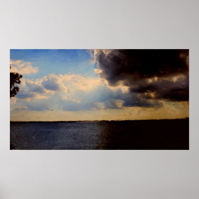 Póster Hermosa pintura de nubes y aceites de lago en tela (Frente)