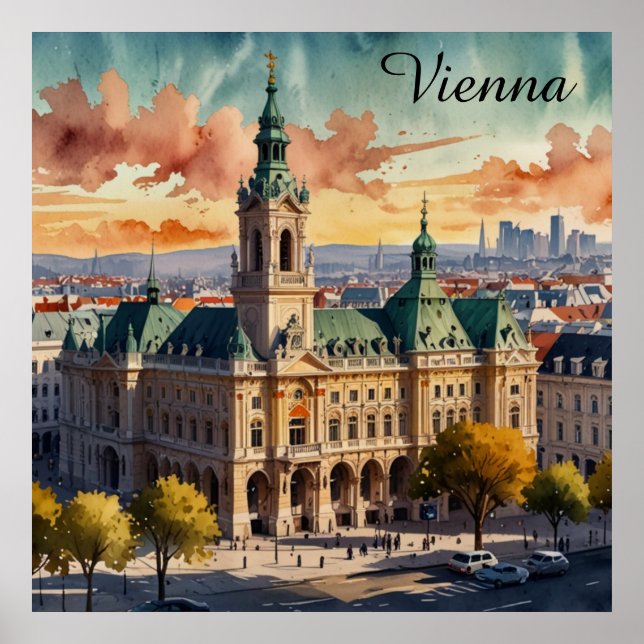 Póster Hermosa pintura de Viena Austria Watercolor City (Frente)