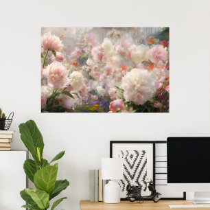 Póster Hermosa pintura en acuarela de peonías blancas y r
