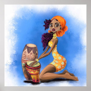 Póster Hermosa pintura Poster Chica tamborilera africana