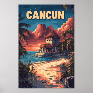 Póster Hermosa Playa de Cancún Ilustracion de México Viaj