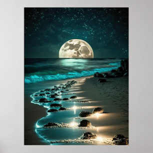 Póster Hermosa playa de Luna Llena Océano Starry Night