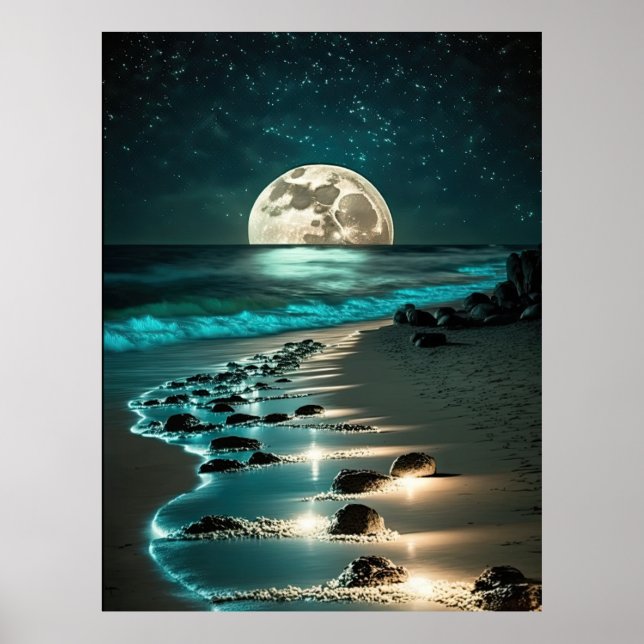 Póster Hermosa playa de Luna Llena Océano Starry Night (Frente)
