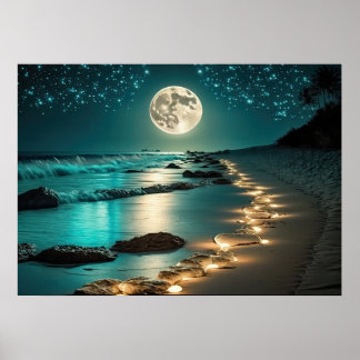 Póster Hermosa playa de Luna Llena Océano Starry Night