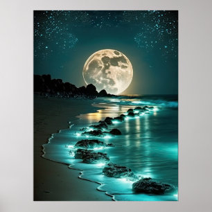 Póster Hermosa playa de Luna Llena Océano Starry Night