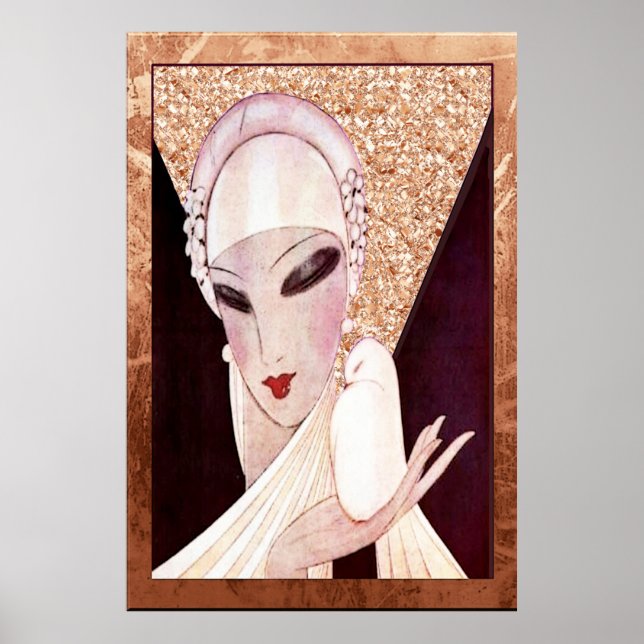 Póster Hermosa Poster Art Deco Lady (con pájaro) (Frente)