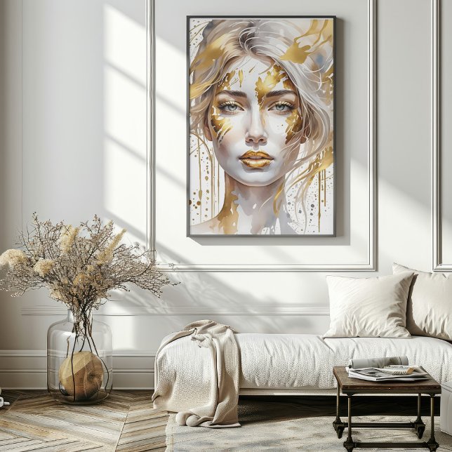 Póster Hermosa Poster de acuarela con abstracto de oro (Beautiful Gold Abstract Watercolor Woman Poster in room)